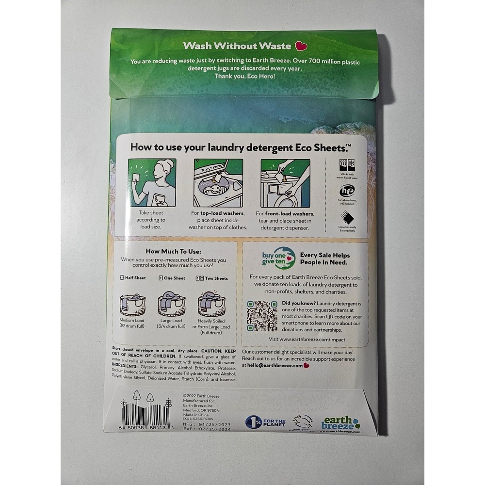 EARTH BREEZE Laundry Detergent Eco Sheets Fresh Scent 60 Loads HE Safe $6 each - Picture 2 of 2